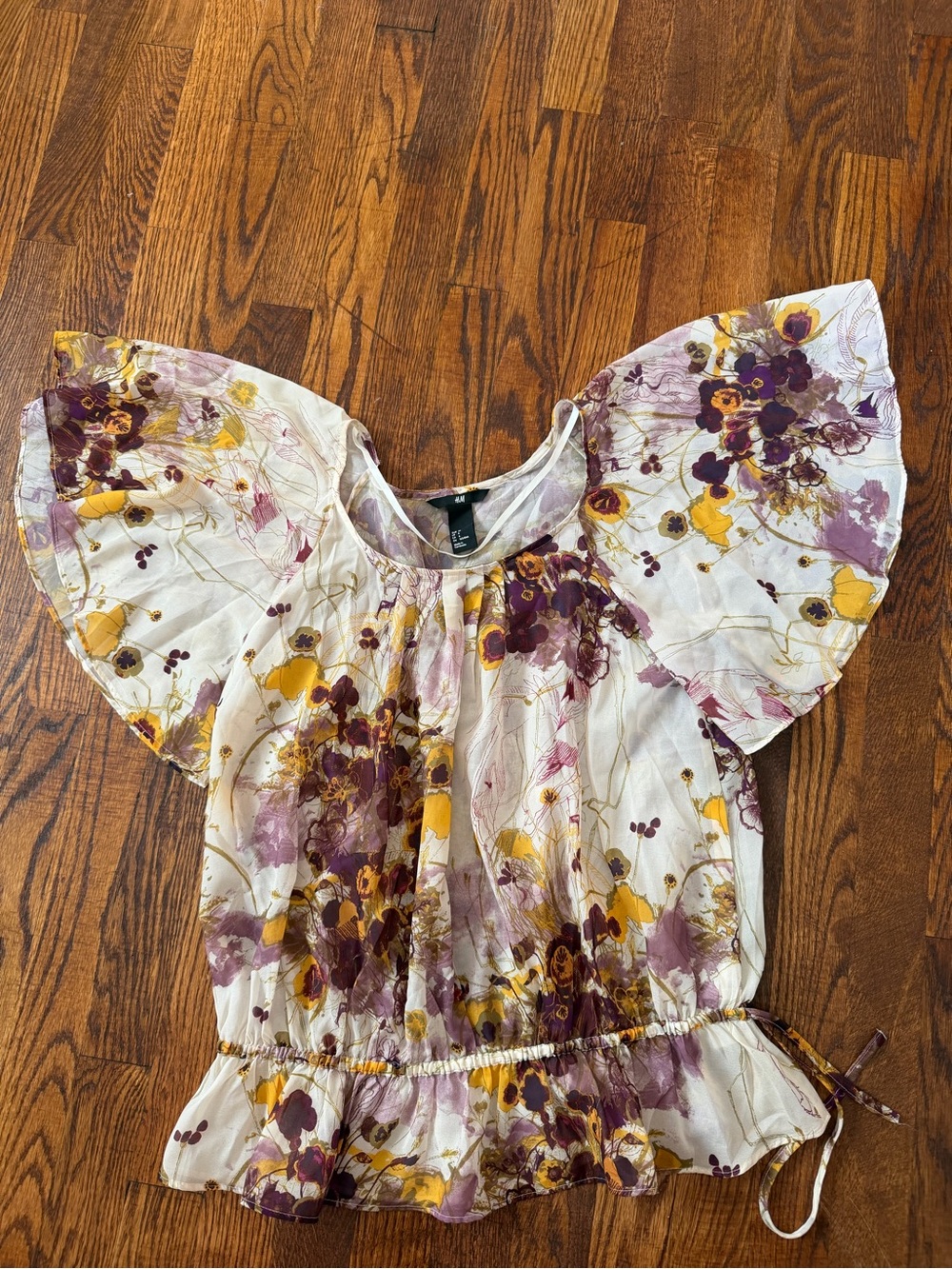 H&M White Floral Tunic Top with Purple & Yellow Print